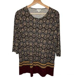 J. Jill Womens SP Black Gold Maroon Print 3/4 Sleeve Henley Style Tunic Shirt